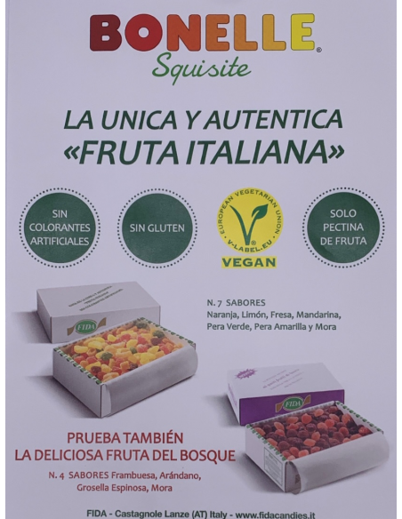 Golosinas de fruta natural, hechas en Italia, bandeja de 250 gramos.